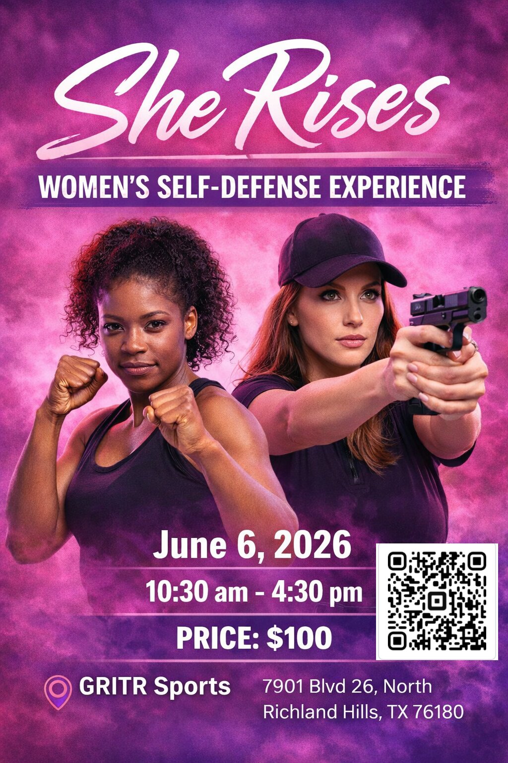She Rises — simplified event flyer featuring self-defense and firearm training