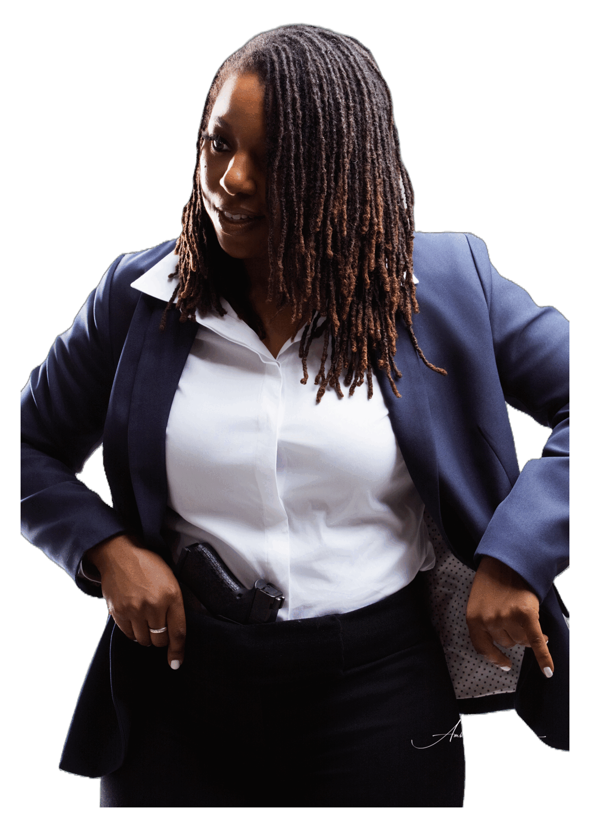 A confident woman in professional attire, representing concealed-carry readiness